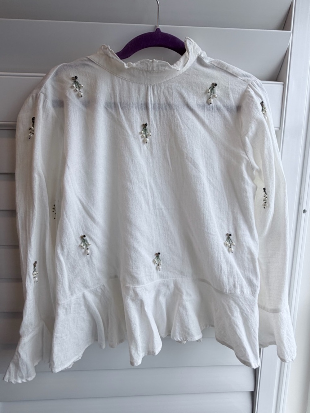 Zara White Ruffle Hem Embellished embroidery Top